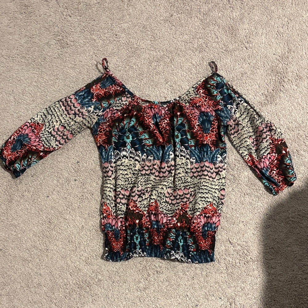 Wet Seal Off-Shoulder Floral Print Top - Teal, Pink, Red, Cream, Black